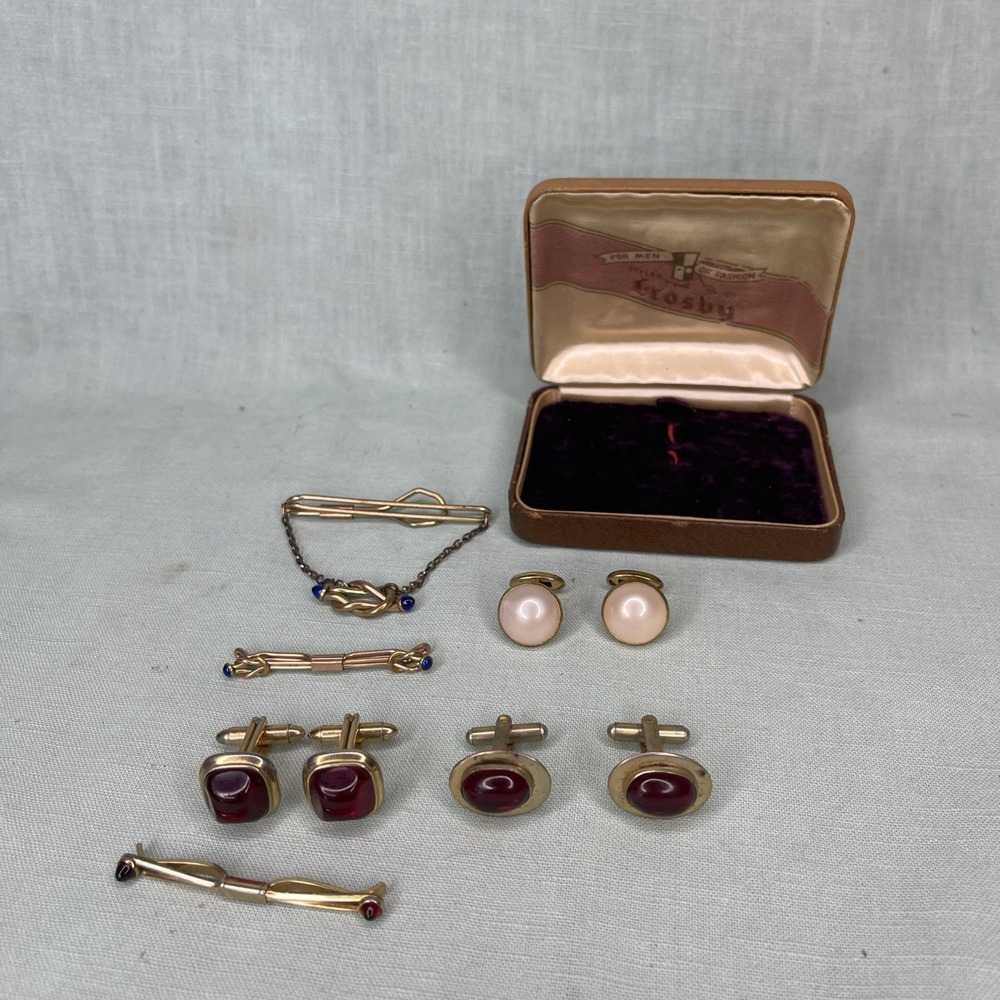 Vintage Cufflinks Tie Clip Lot Hadley Gold Tone Red Blue Glass w Crosby Box
